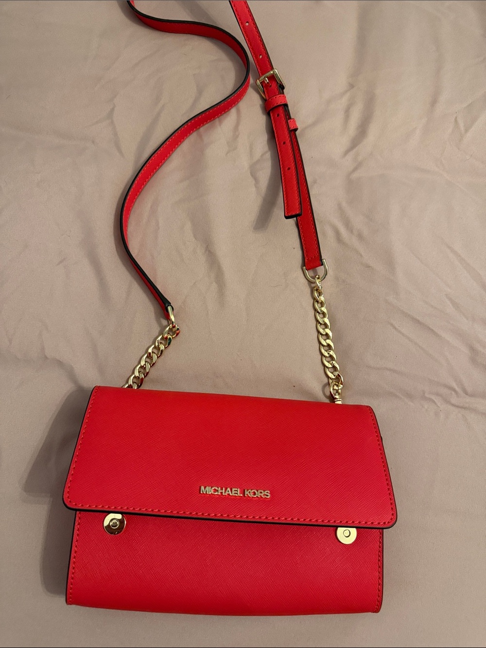 Michael Kors Bright Coral Saffiano Crossbody with Gold Chain